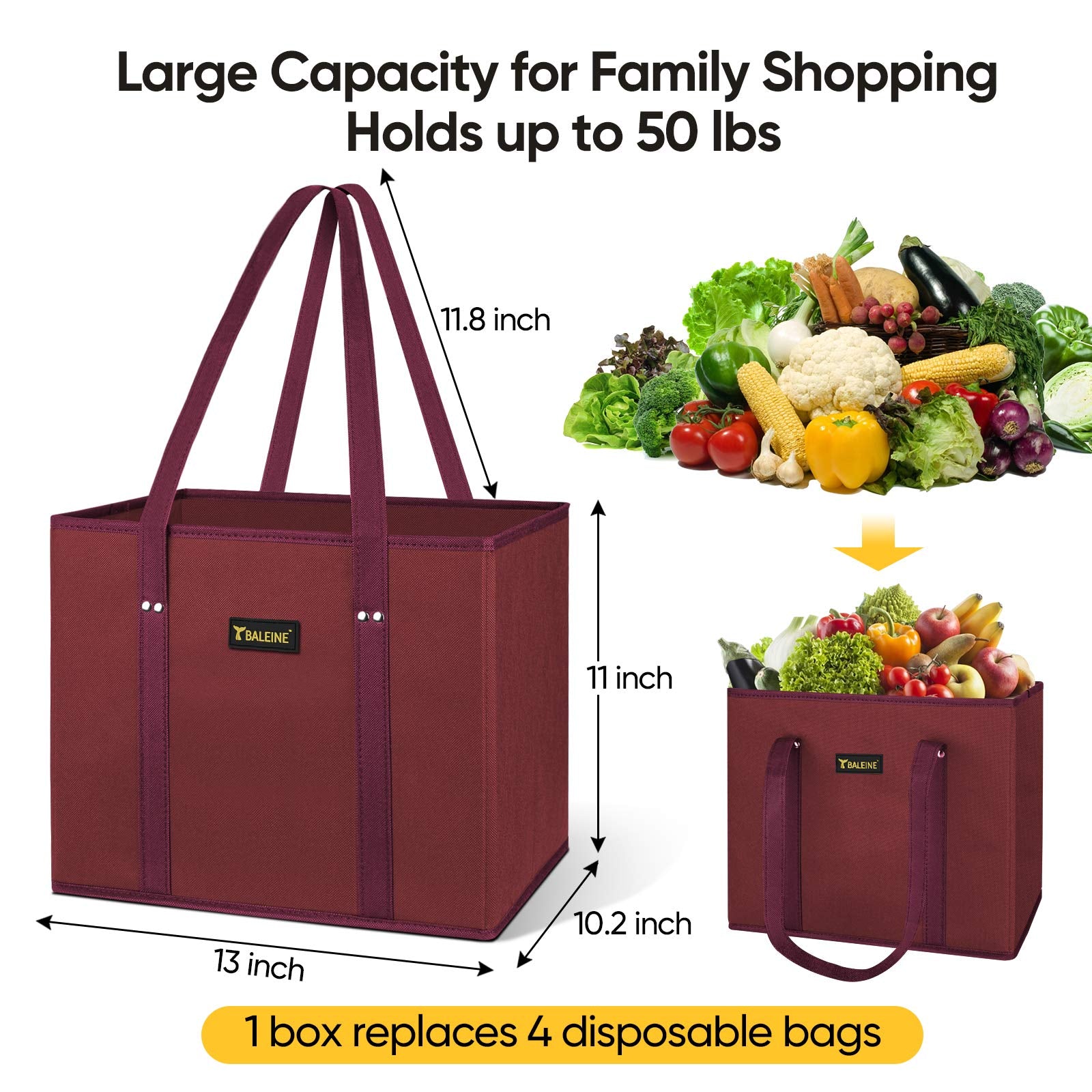 BALEINE reinforced-bottom design keeps groceries upright for easy loading