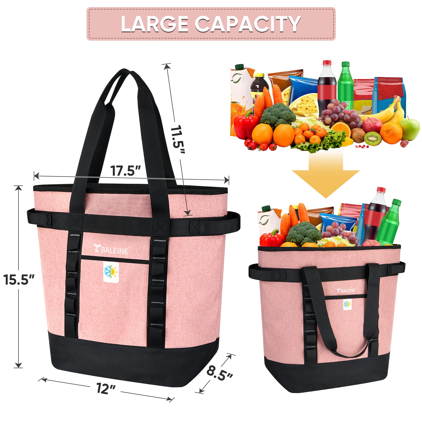 BALEINE tote with reinforced stitching and durable pink finish.
