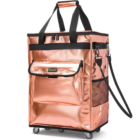 Balene reusable grocery bag on wheels with rose gold finish for easy shopping.