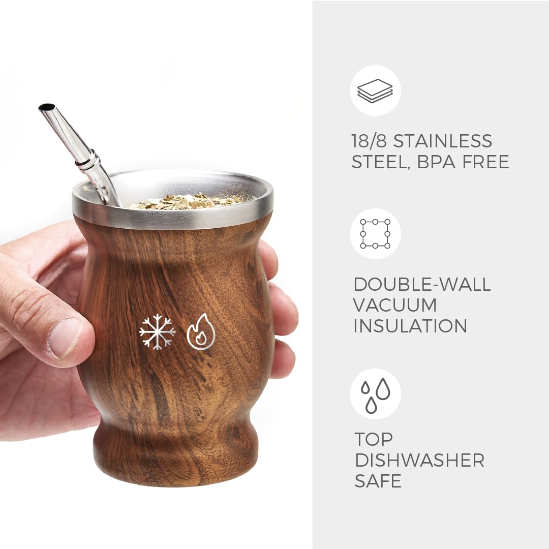 BALIBETOV double-wall stainless mate cup keeps beverage hot or cold while cool to touch