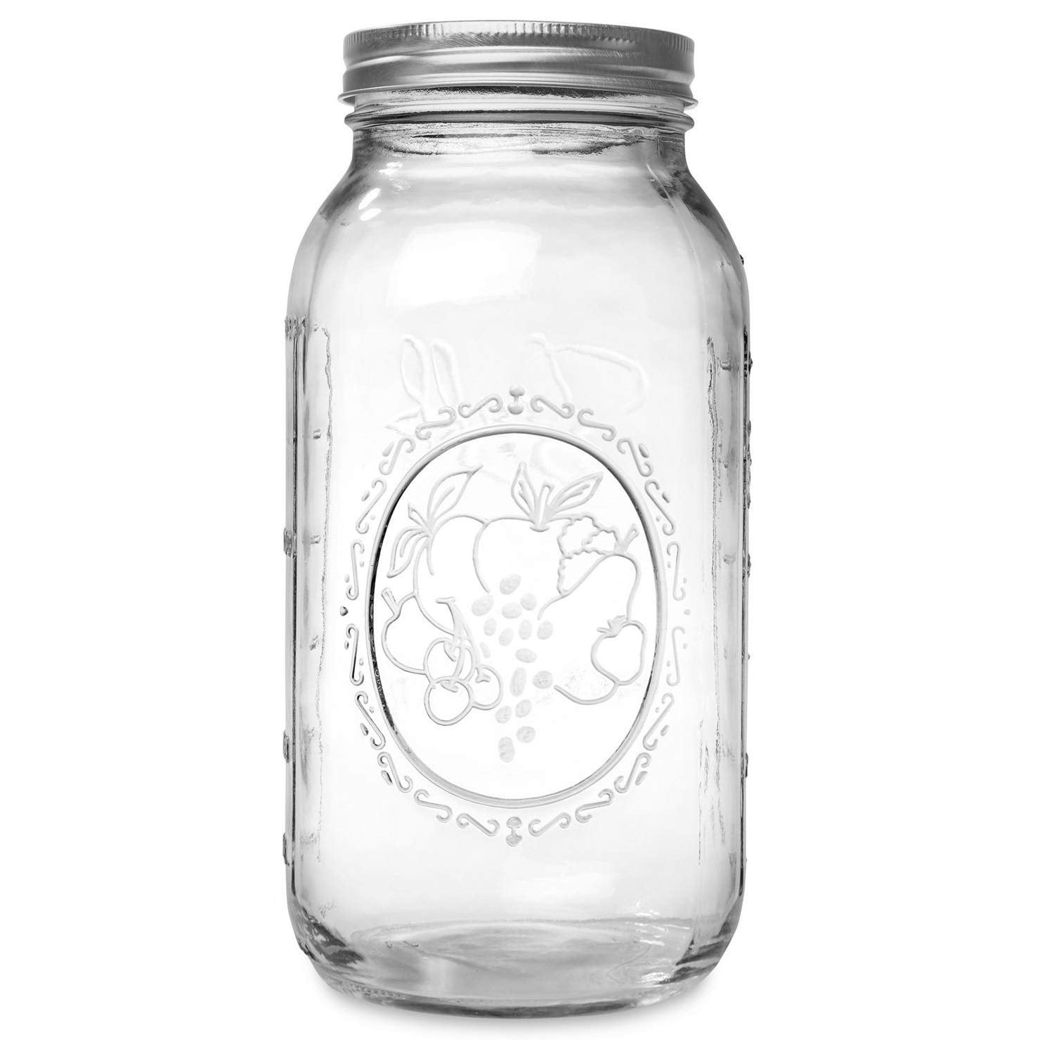 Ball mason jar demonstrates 64 oz capacity for large batches.