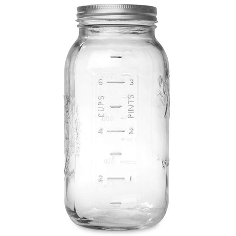 Ball jar shows precise measurements for top, opening, and base.
