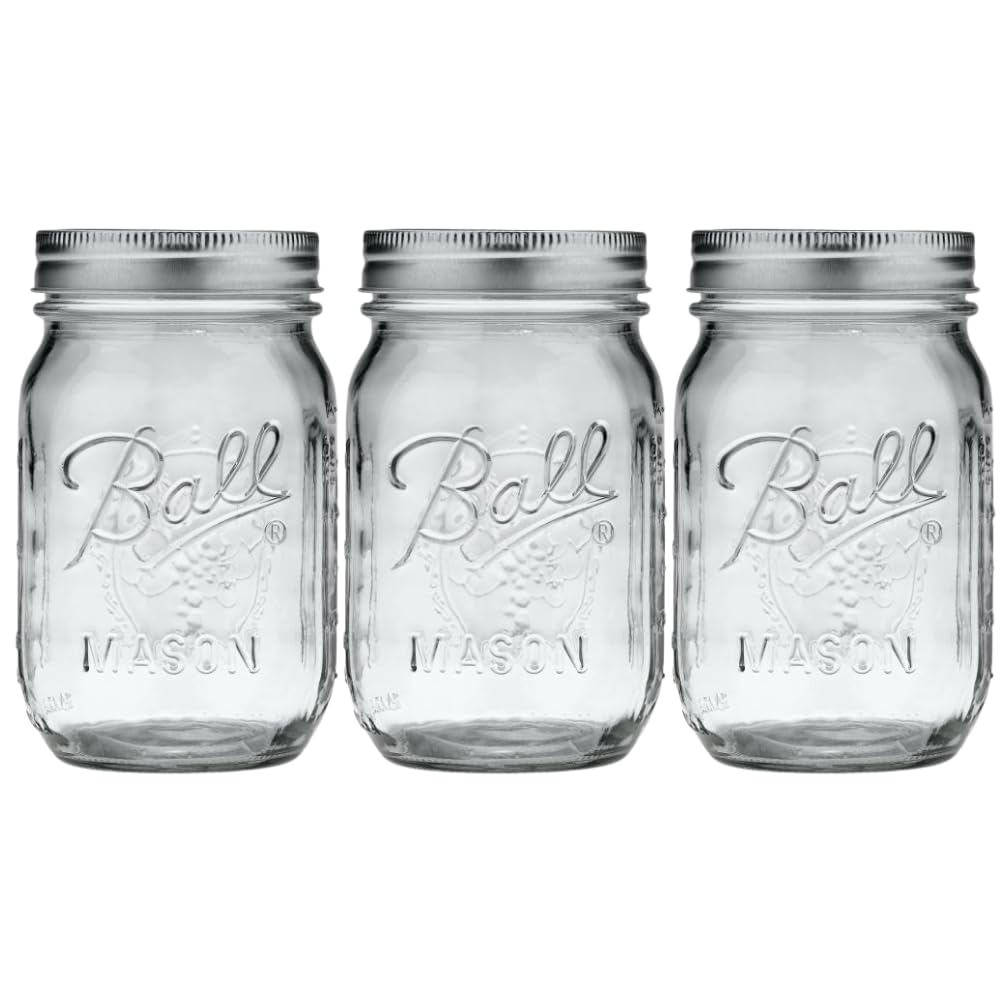 Ball Glass Mason Jar Regular Mouth 16oz 3-Pack front view ideal for canning and storage