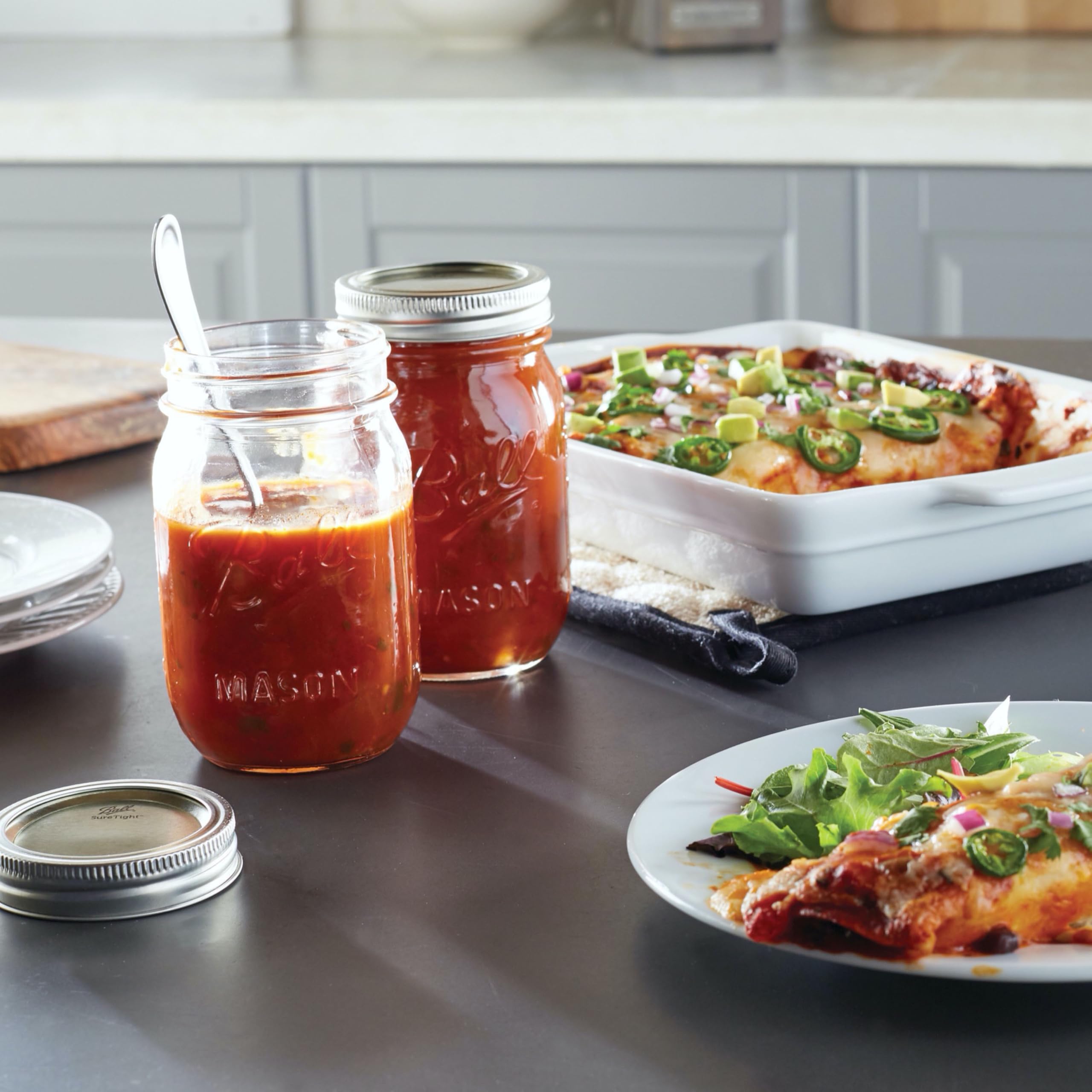 Ball Mason Jar kitchen storage shown with organized shelves