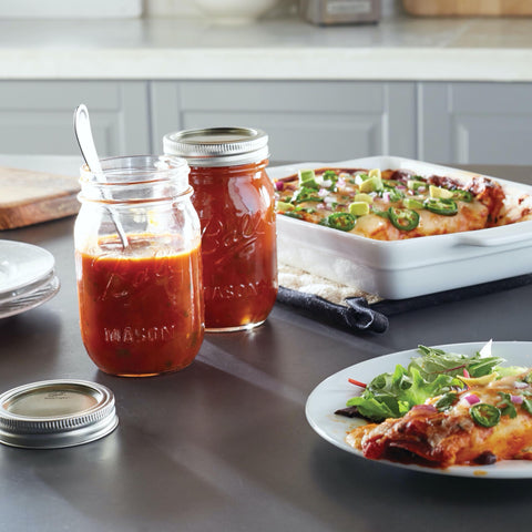 Ball Mason Jar kitchen storage shown with organized shelves