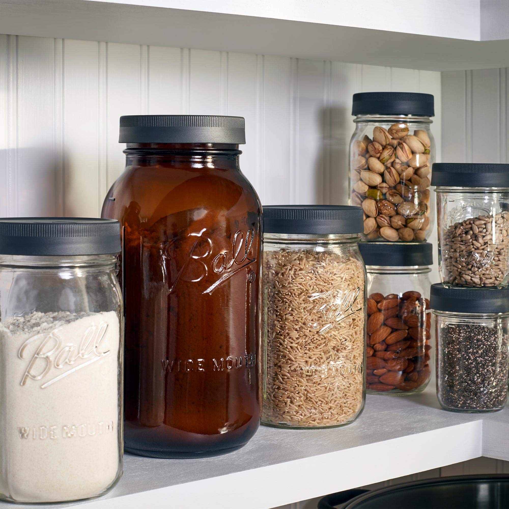 Ball Mason Jar lids in plastic construction offer lightweight, durable storage solutions.