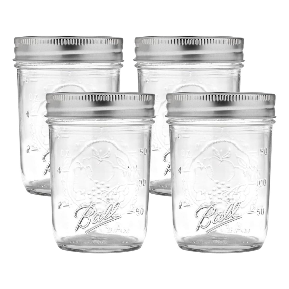 Ball regular-mouth 8oz jar with lids and bands in a four-pack, ideal for canning.