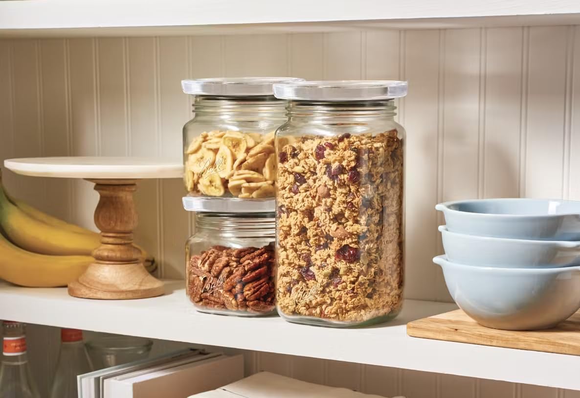Ball Stack & Store jars stacked neatly save space on a kitchen shelf.