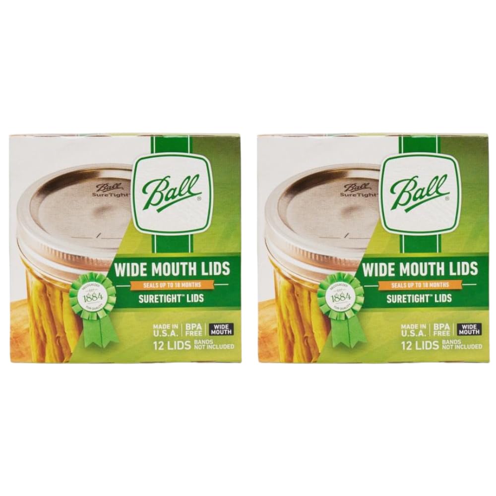 Ball wide mouth lids 24-pack, closeup demonstrating a secure seal for fresh storage.