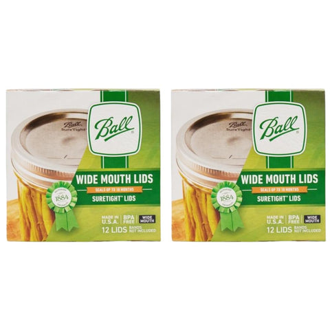 Ball wide mouth lids 24-pack, closeup demonstrating a secure seal for fresh storage.