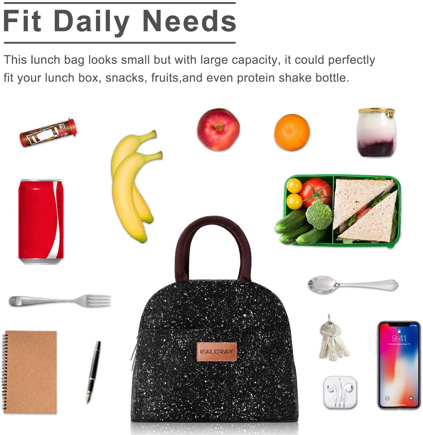 BALORAY lunch bag Black Starry front pocket, keeps cards and keys organized.
