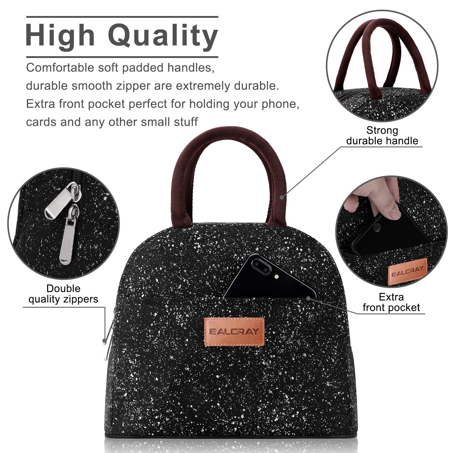 BALORAY lunch bag insulated inner layer closeup, preserves food temperature for hours.