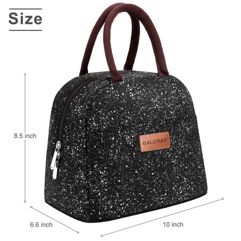 BALORAY lunch bag size diagram, fits a full meal with snacks.