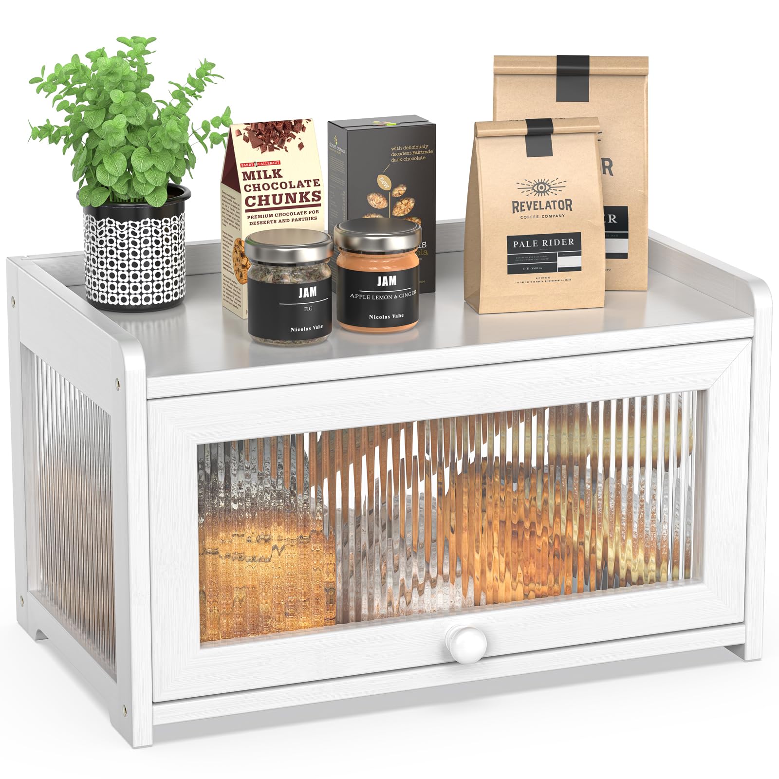 BAMBANG Bamboo Bread Box front window showing fresh loaves and crusts.