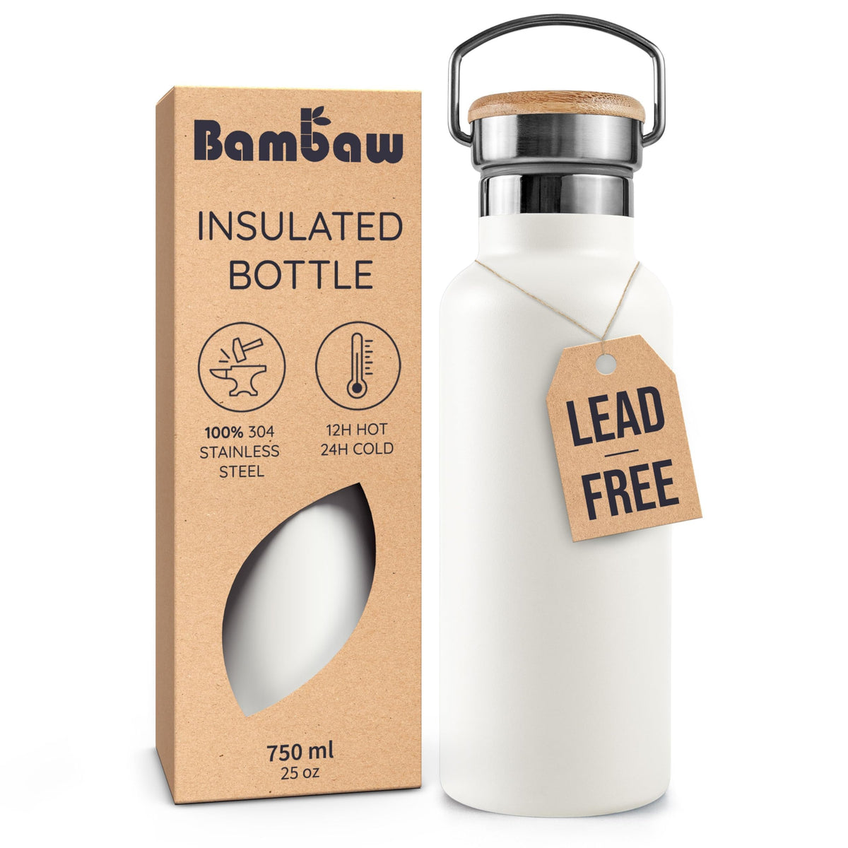 Bambaw 24 oz insulated water bottle with handle in white, ready for everyday use and travel.
