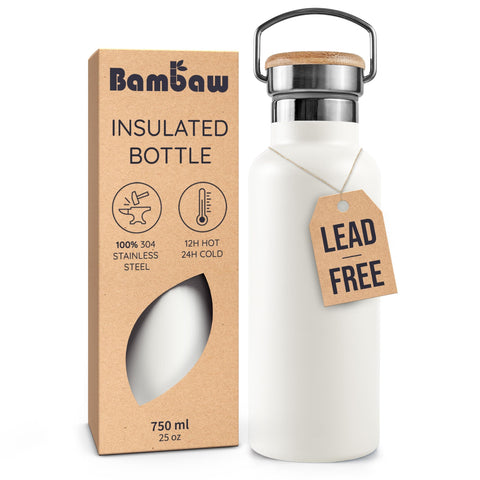 Bambaw 24 oz insulated water bottle with handle in white, ready for everyday use and travel.