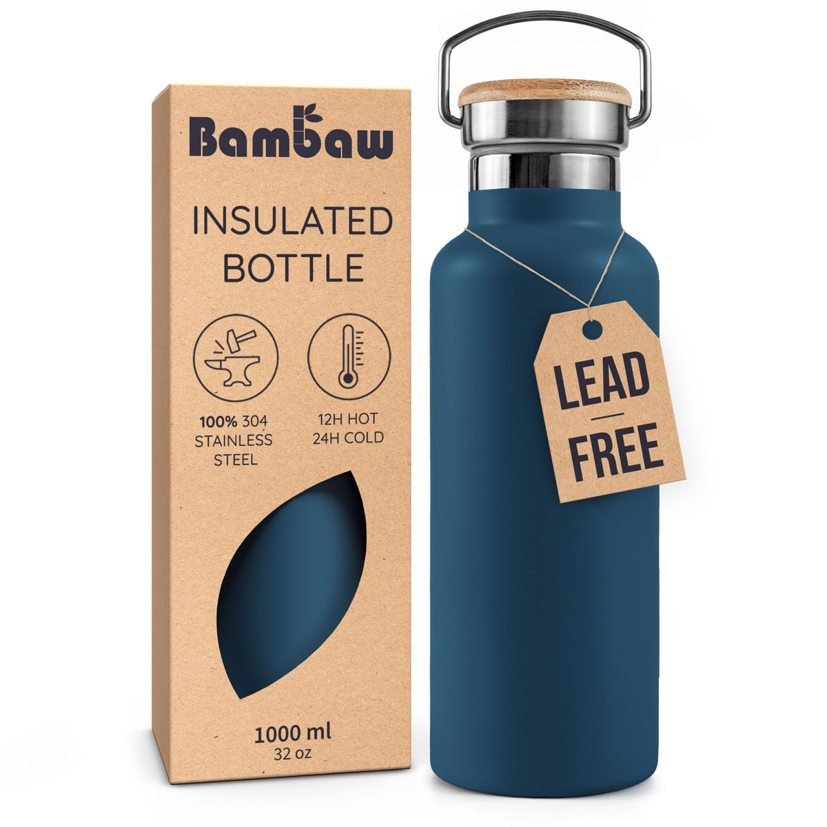 Bambaw 32oz Insulated Bottle in Aegean Blue for hot or cold drinks on the go.