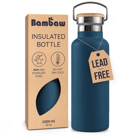 Bambaw 32oz Insulated Bottle in Aegean Blue for hot or cold drinks on the go.
