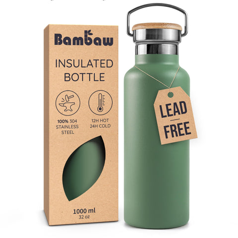 Bambaw 32oz insulated green bottle with ice for cool hydration