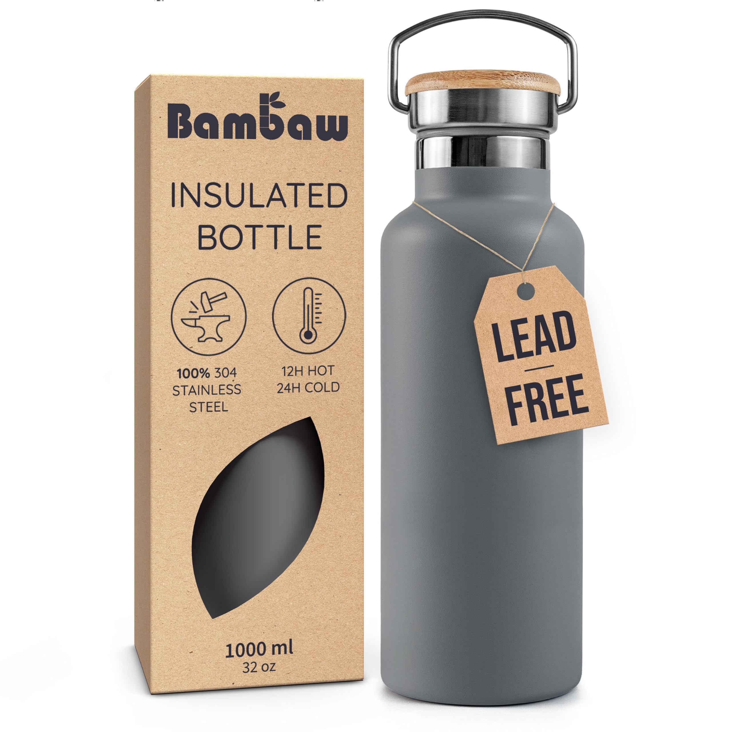 Bambaw 32oz water bottle in stormy gray, durable stainless steel for daily hydration.