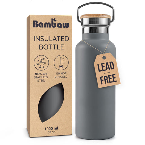 Bambaw 32oz water bottle in stormy gray, durable stainless steel for daily hydration.