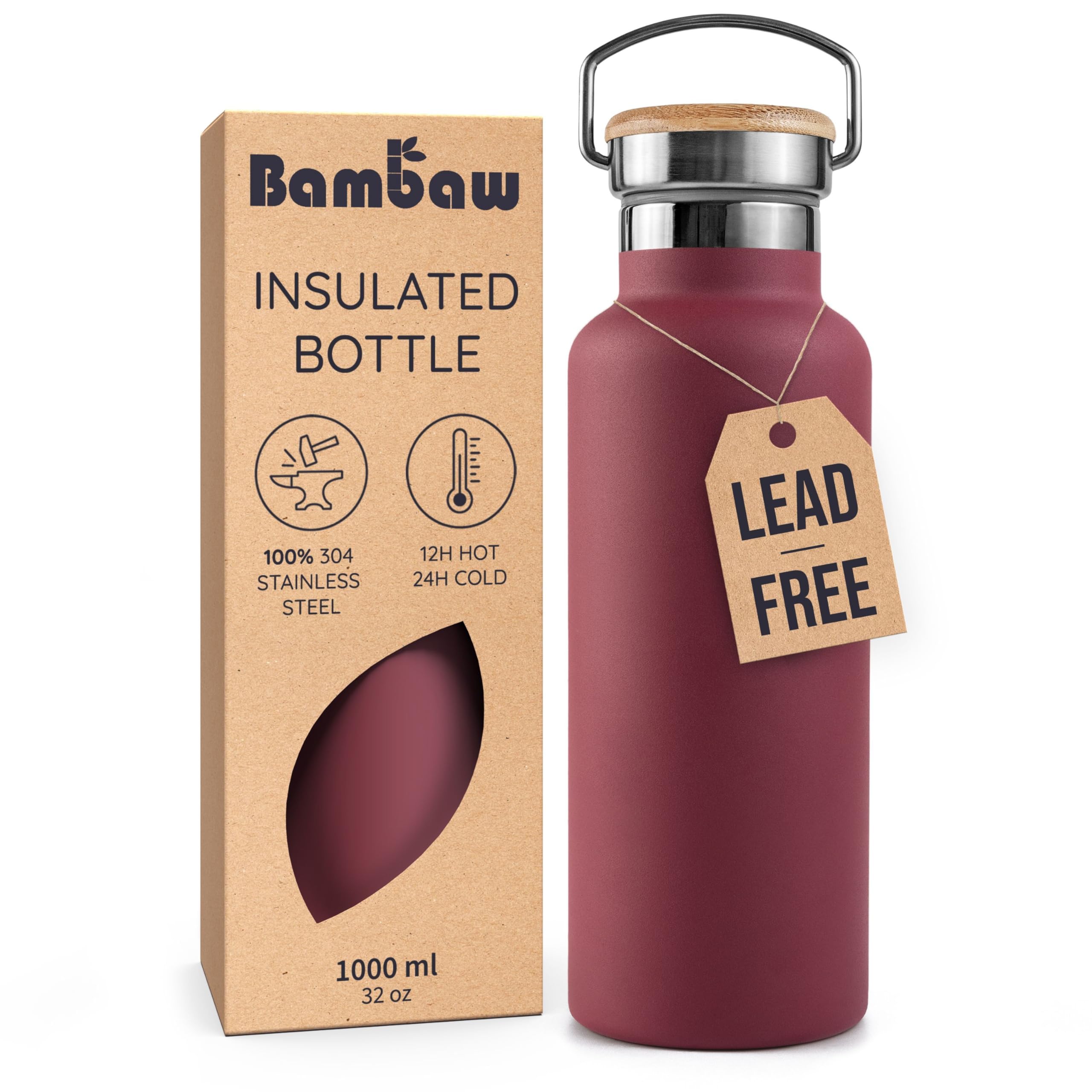 Bambaw 32oz Water Bottle Red Berry front view showcases sleek, durable hydration on the go