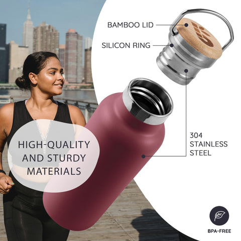 Bambaw 32oz Water Bottle Red Berry side handle demonstrates easy carrying during workouts