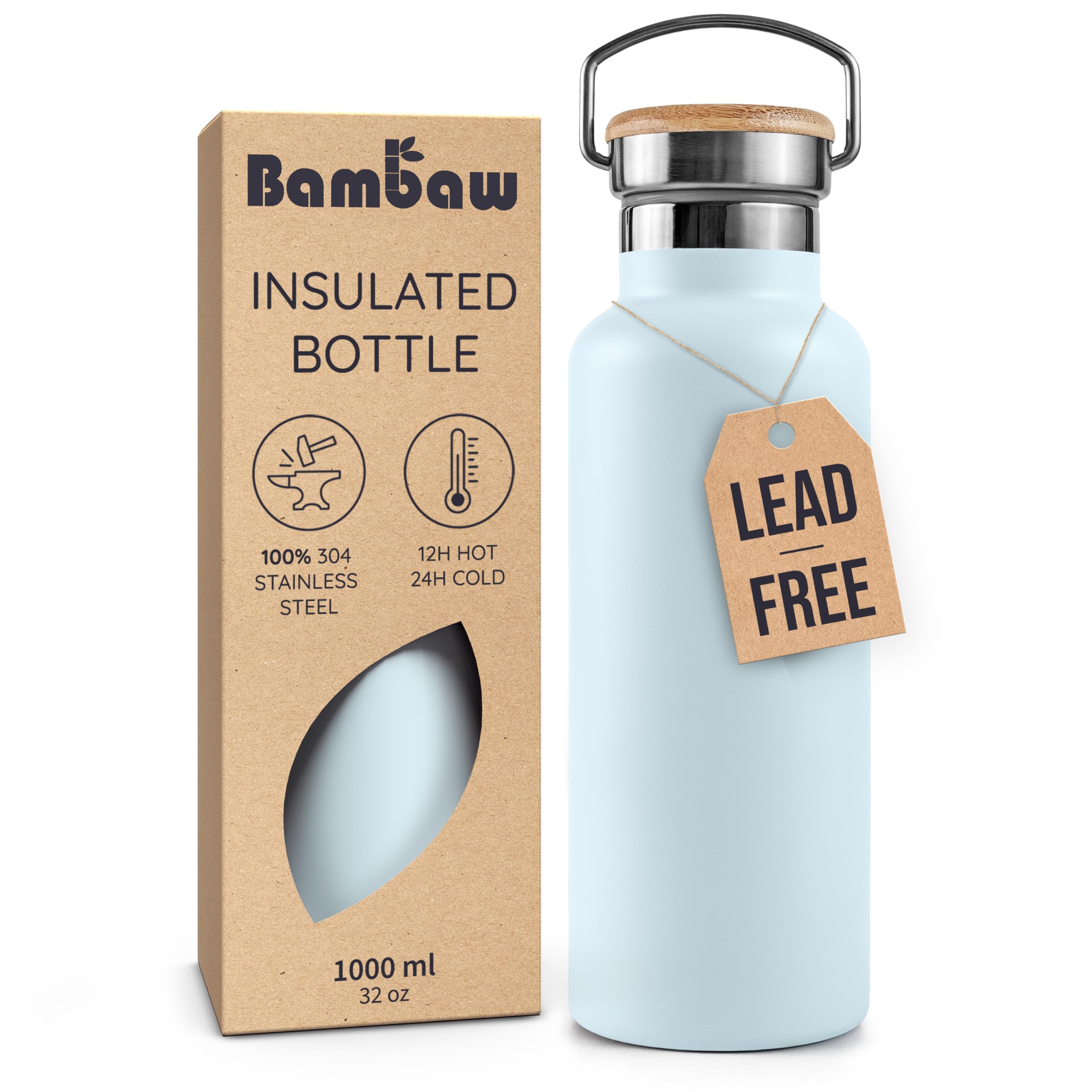 Bambaw 32oz wide-mouth ice blue bottle with large opening for ice cubes