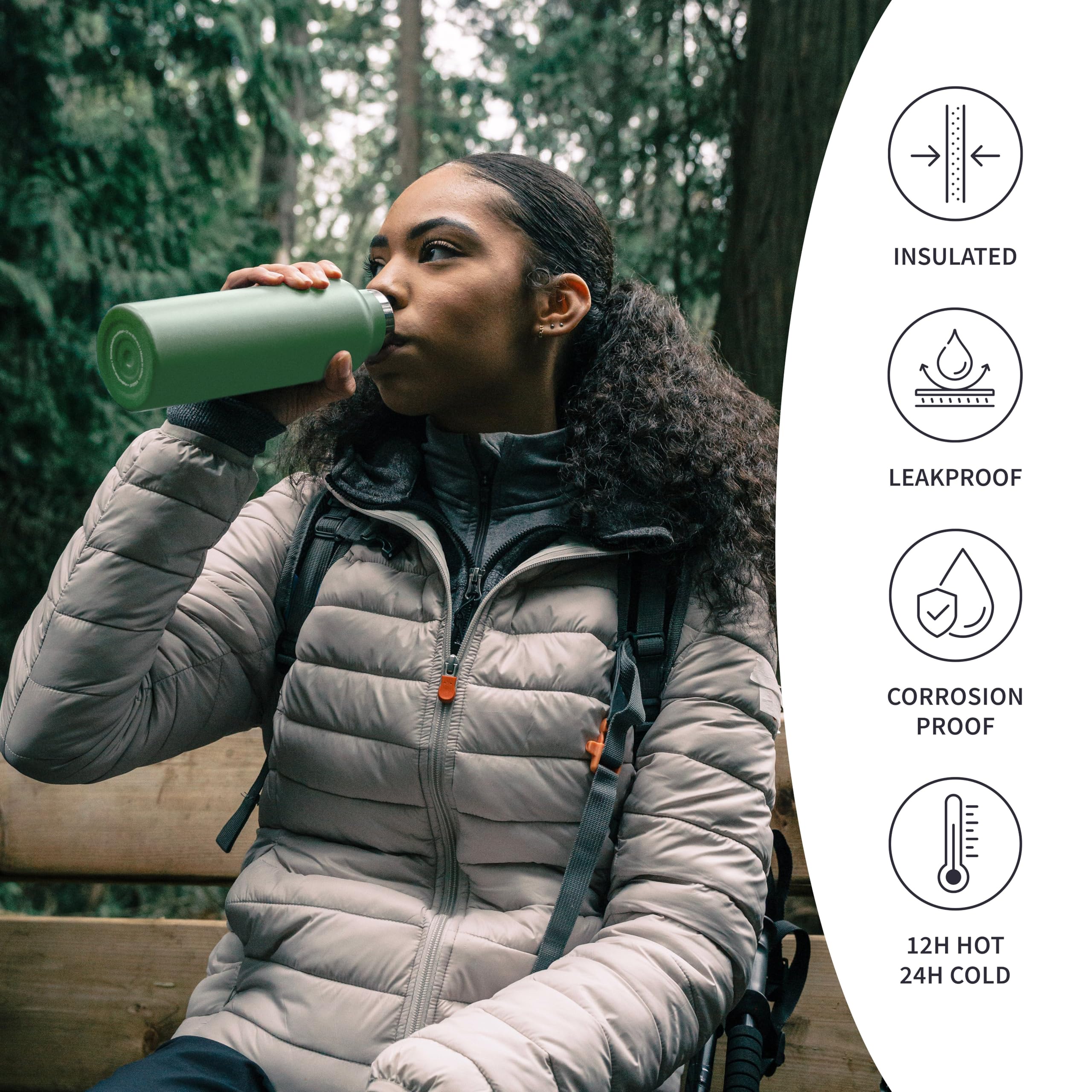 Bambaw insulated bottle green lid closeup, leak-proof cap for on-the-go use