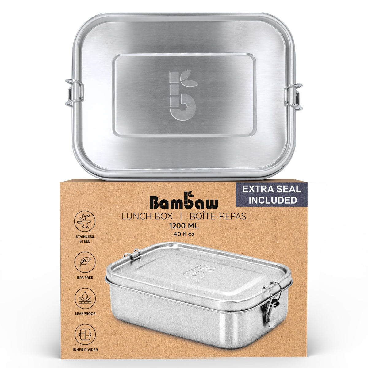 Bambaw stainless steel lunch box 40oz with durable body for meals on the go.
