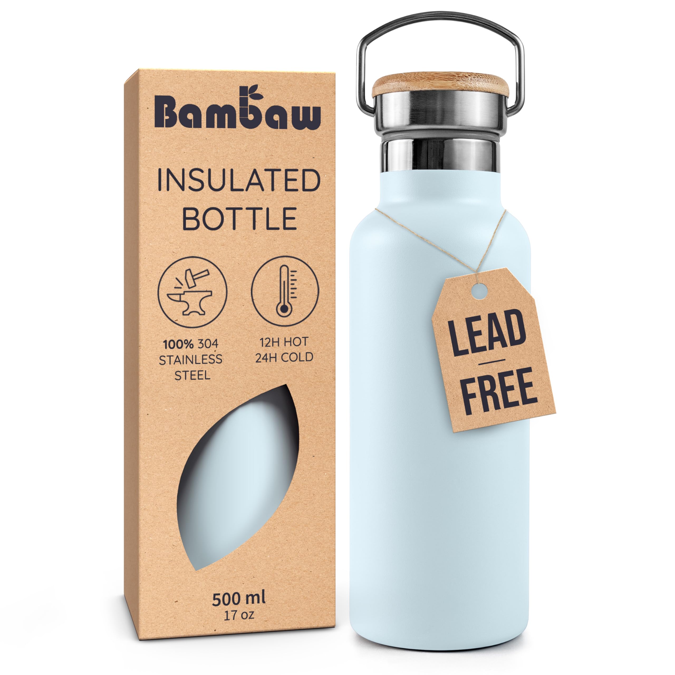Bambaw Thermo Water Bottle 16 oz ice blue, side view, durable stainless steel for daily hydration.