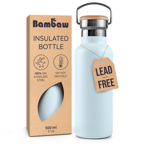 Bambaw Thermo Water Bottle 16 oz ice blue, side view, durable stainless steel for daily hydration.