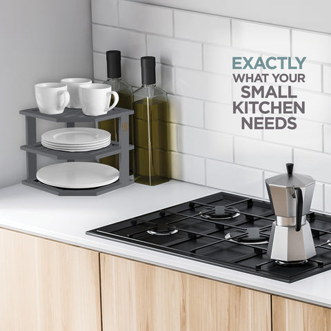 Bambüsi 3-tier corner rack grey front view organized for plates and bowls.