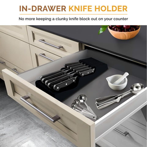 Bambüsi bamboo drawer knife holder protects blades while saving counter space.