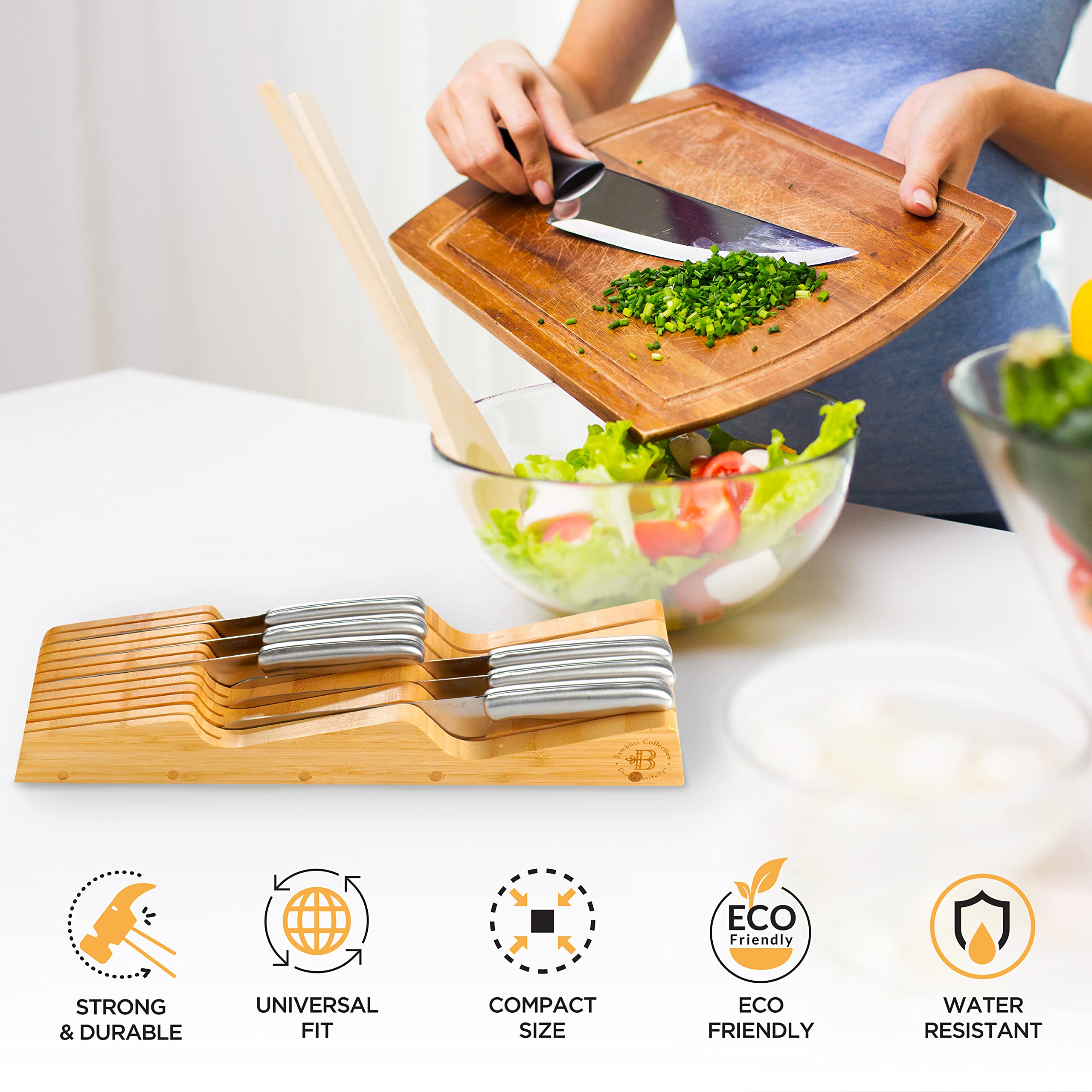 Bambusi bamboo knife holder highlights eco-friendly material and blade-friendly surface.