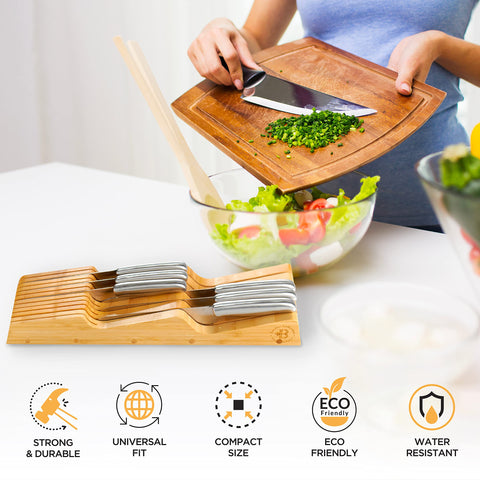 Bambusi bamboo knife holder highlights eco-friendly material and blade-friendly surface.