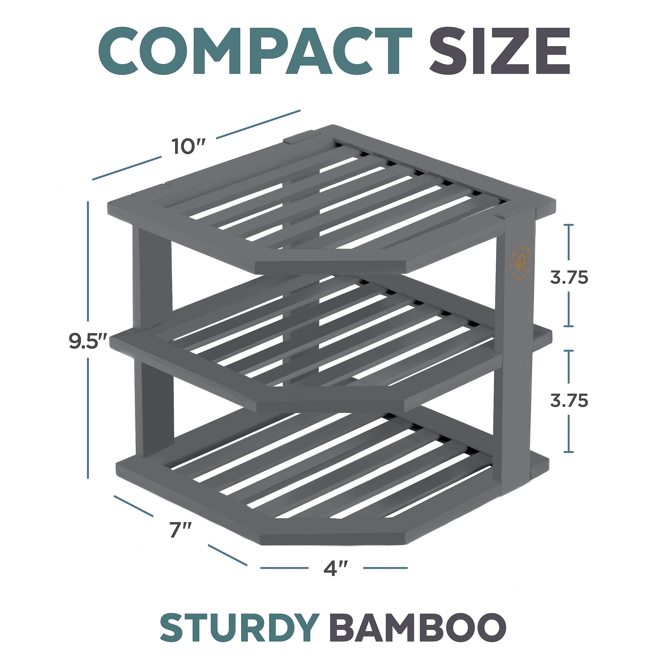 Bambüsi bamboo shelf grey displaying neatly arranged dinnerware and kitchen items.