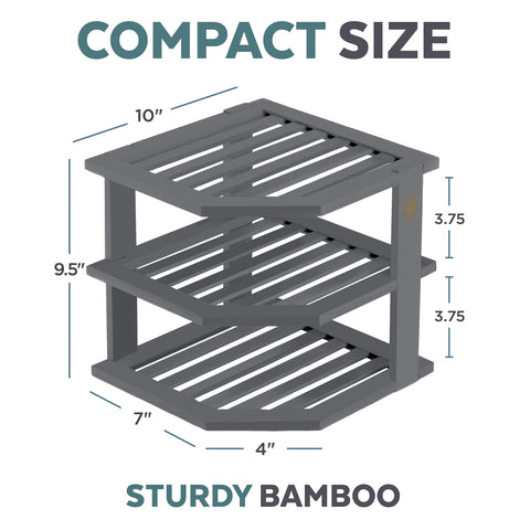 Bambüsi bamboo shelf grey displaying neatly arranged dinnerware and kitchen items.
