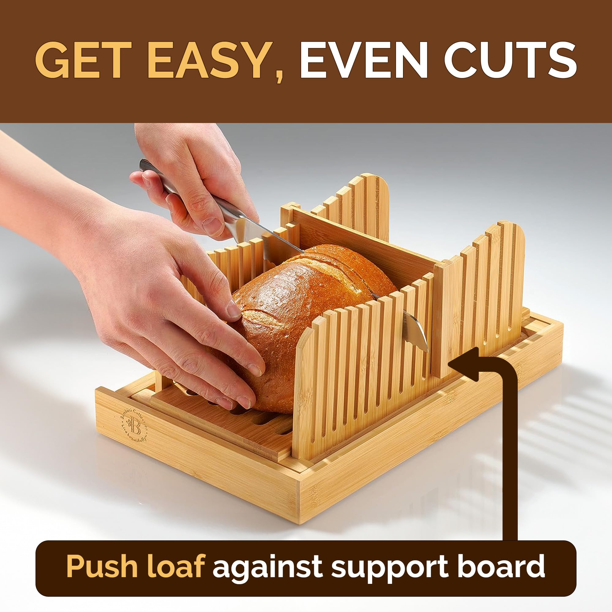 Bambüsi Bread Slicer with crumb tray catching crumbs for clean counters.