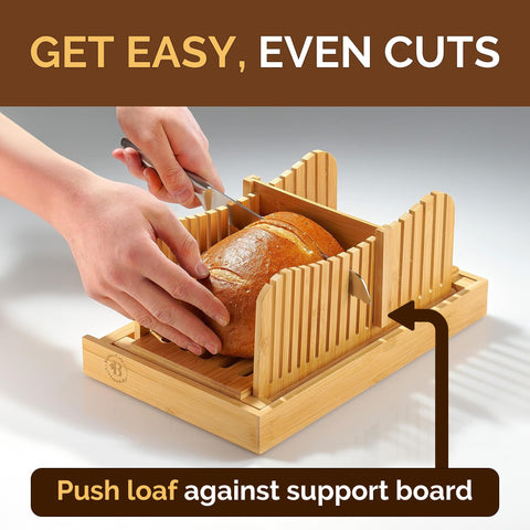 Bambüsi Bread Slicer with crumb tray catching crumbs for clean counters.