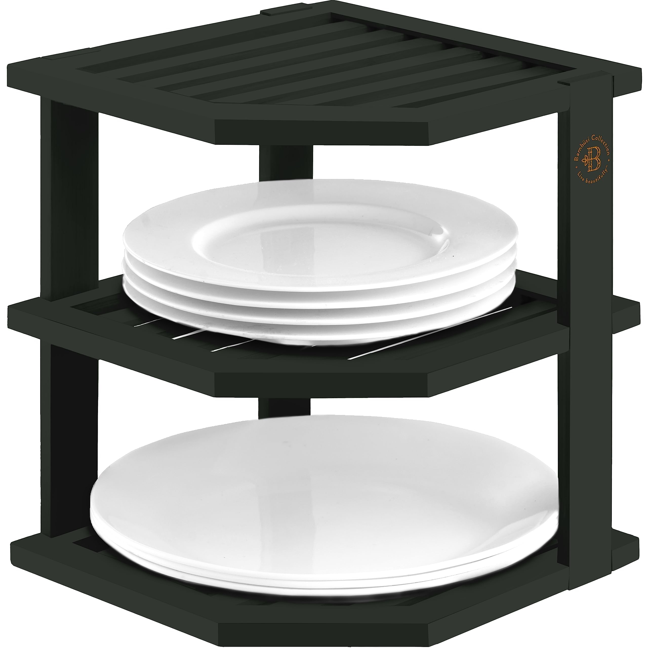 Bambüsi cabinet organizer shelf corner 3-tier keeps dishes neatly stacked.