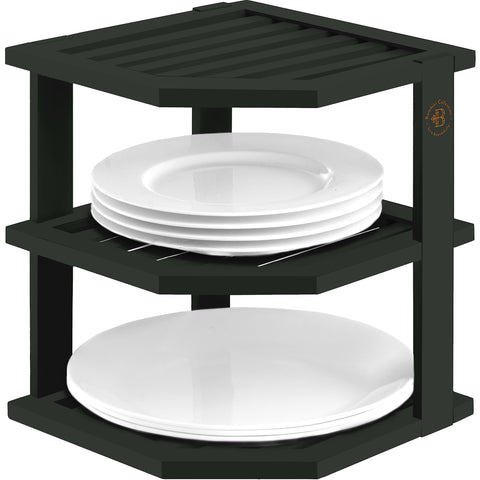 Bambüsi cabinet organizer shelf corner 3-tier keeps dishes neatly stacked.