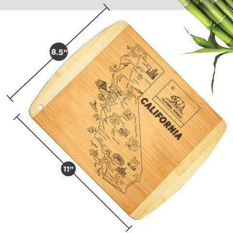 Bambüsi serving board holds cheeses, fruits, and crackers with California flair.
