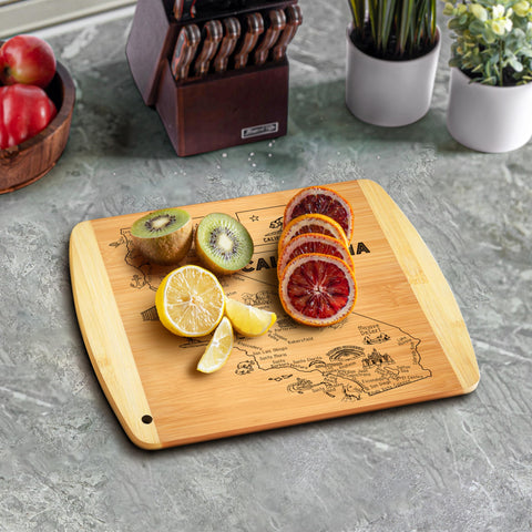 Bambüsi California map board used as a charcuterie tray for gatherings.