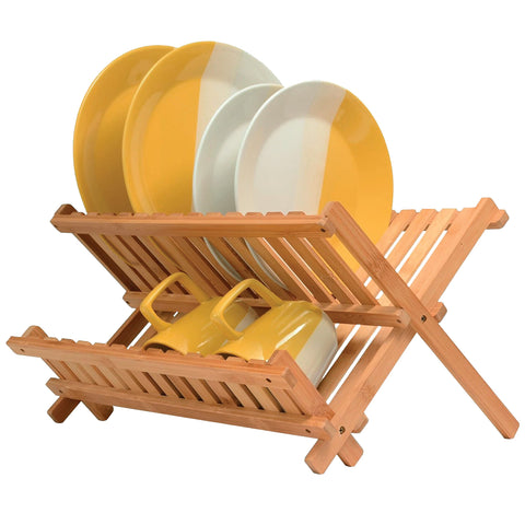 Bambüsi dish drying rack with collapsible top view demonstrates space-saving design for small kitchens.