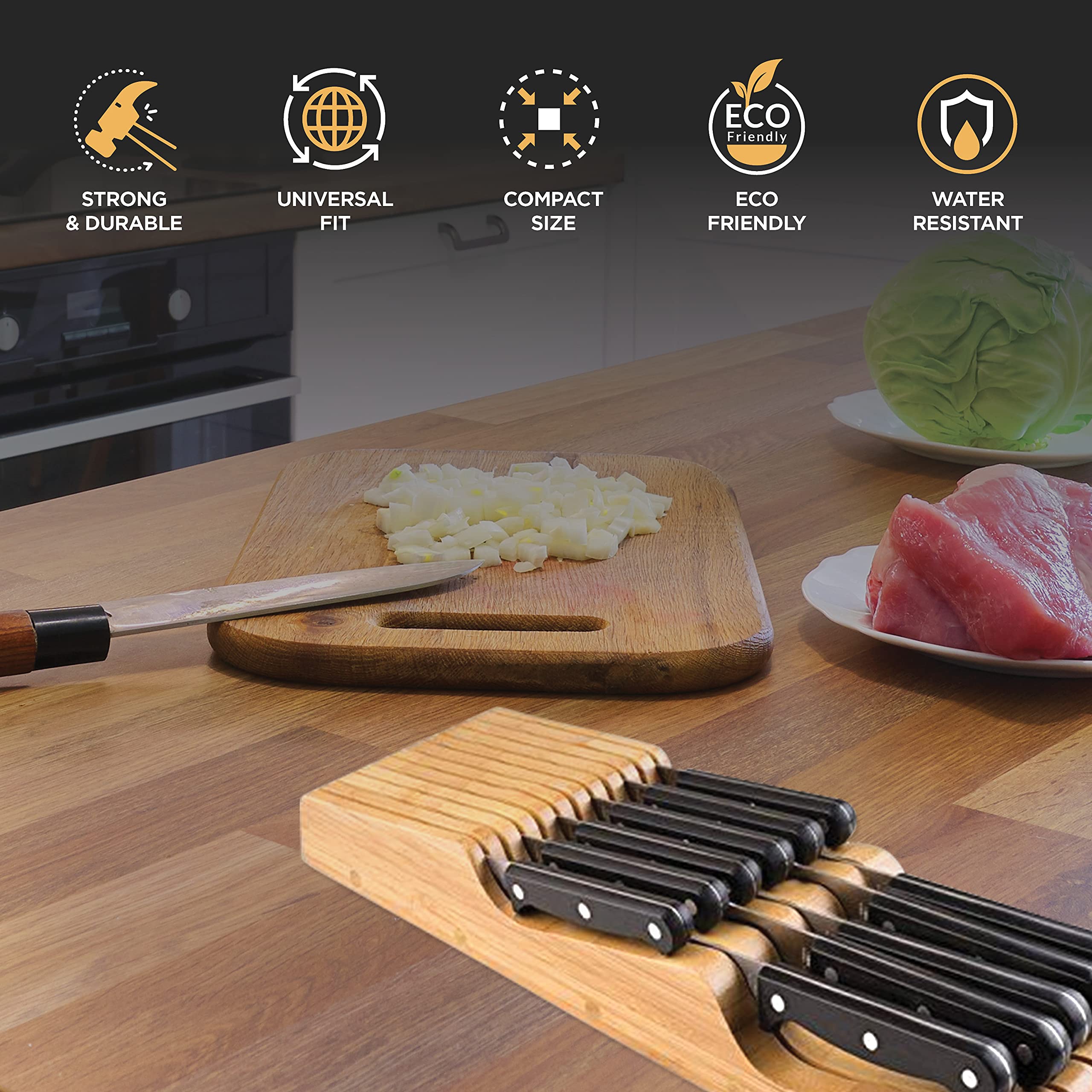 Bambusi kitchen drawer organizer keeps blades separated and tidy.