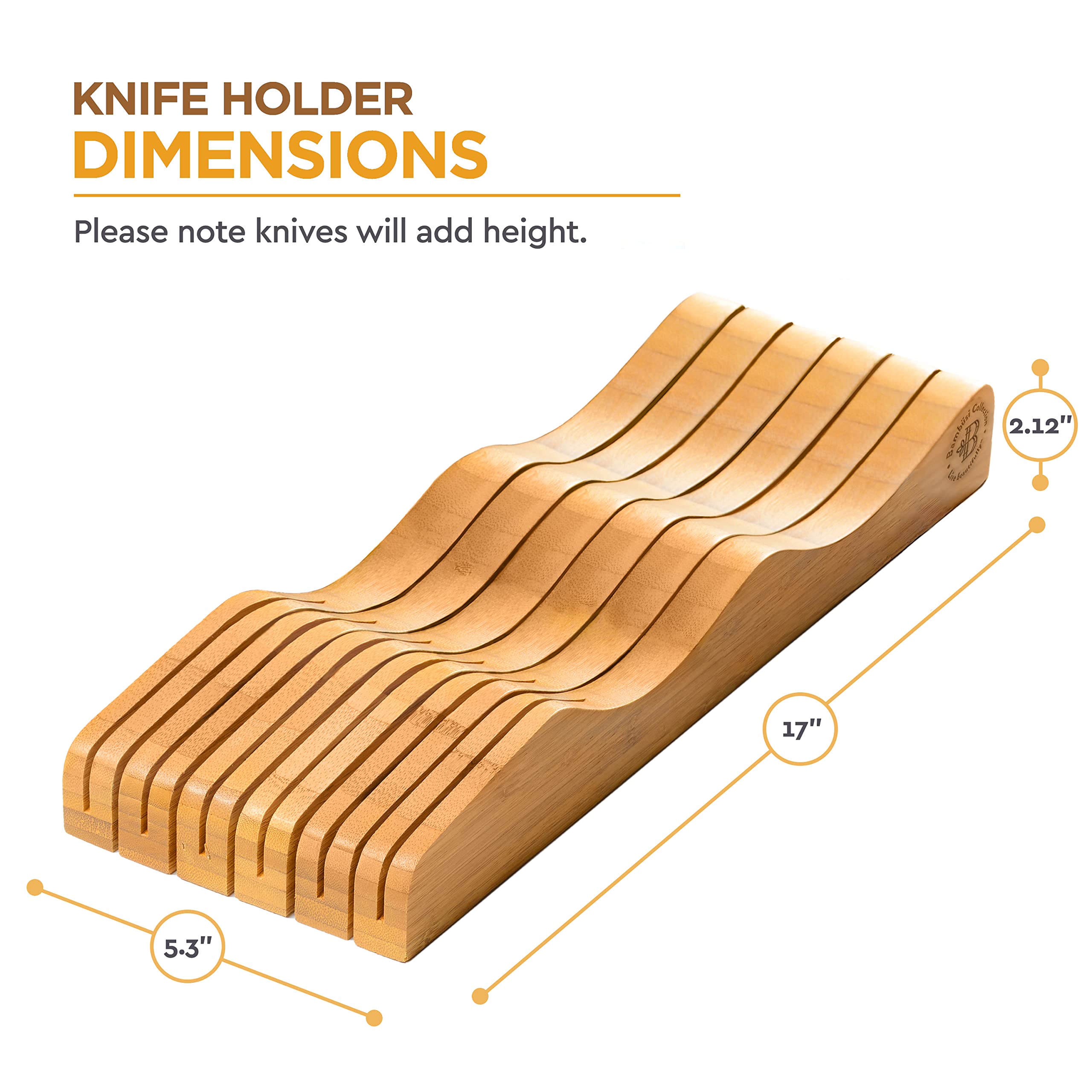 Bambusi knife organizer holds 11 knives for organized kitchen drawers and quick access.
