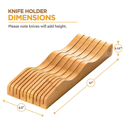 Bambusi knife organizer holds 11 knives for organized kitchen drawers and quick access.