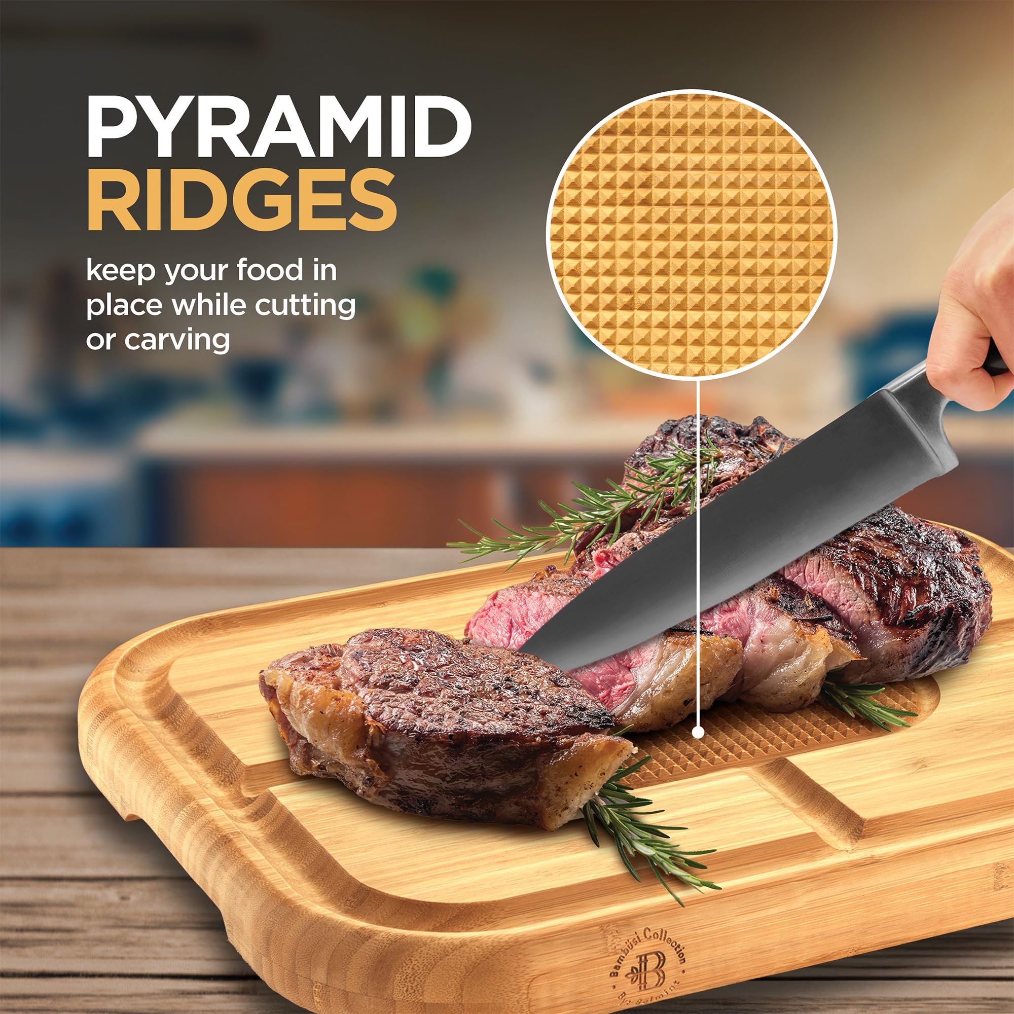 Bambüsi board with spikes and grip stabilizing meat for precise carving.