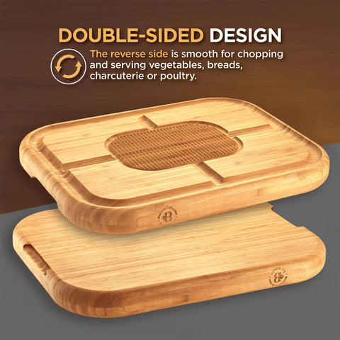 Bambüsi board used for vegetables and bread prep, light kitchen task versatility.